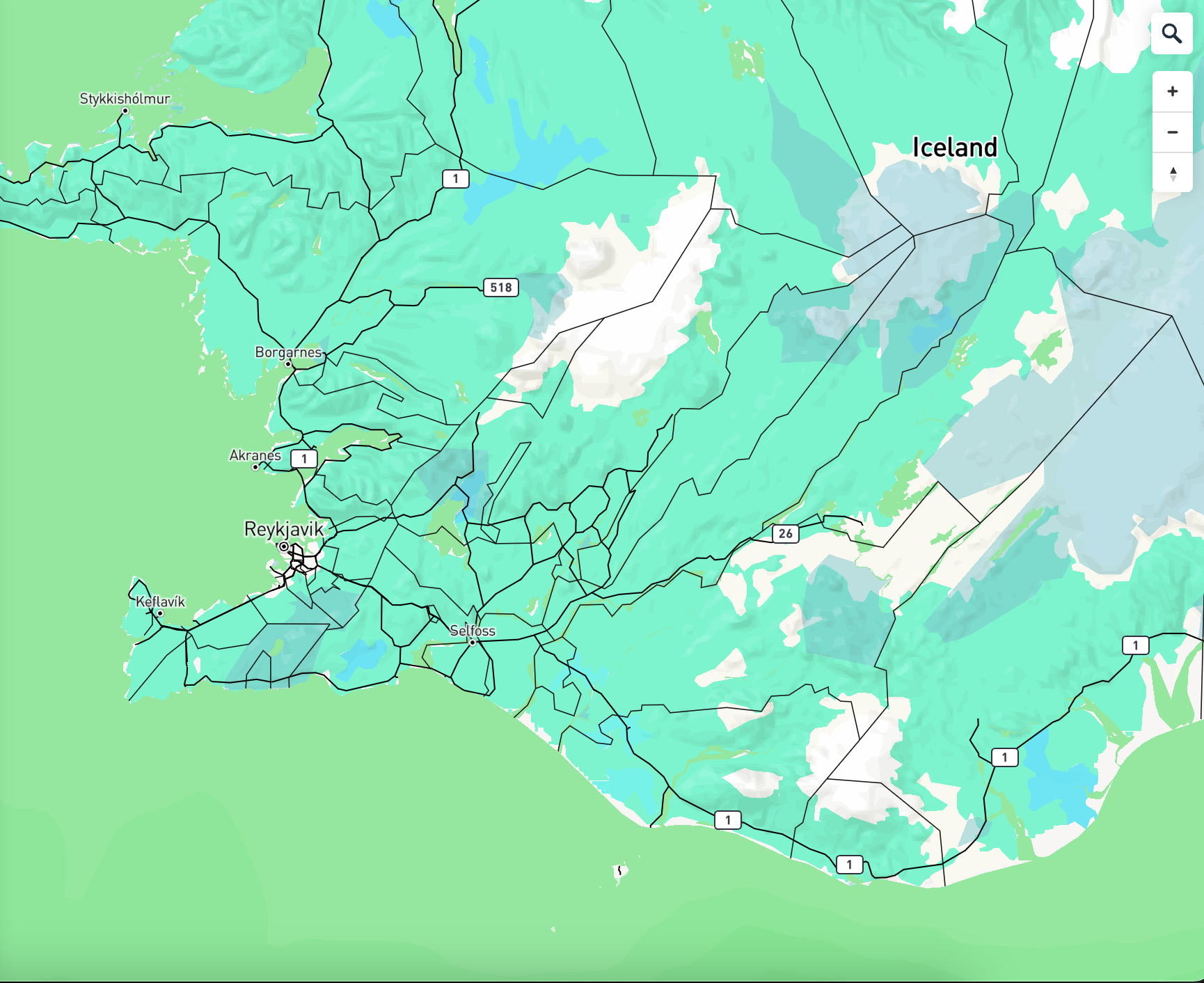 Teal Highlight Iceland Region: Modified color schemes for Greenspace color and Road & transit network.
